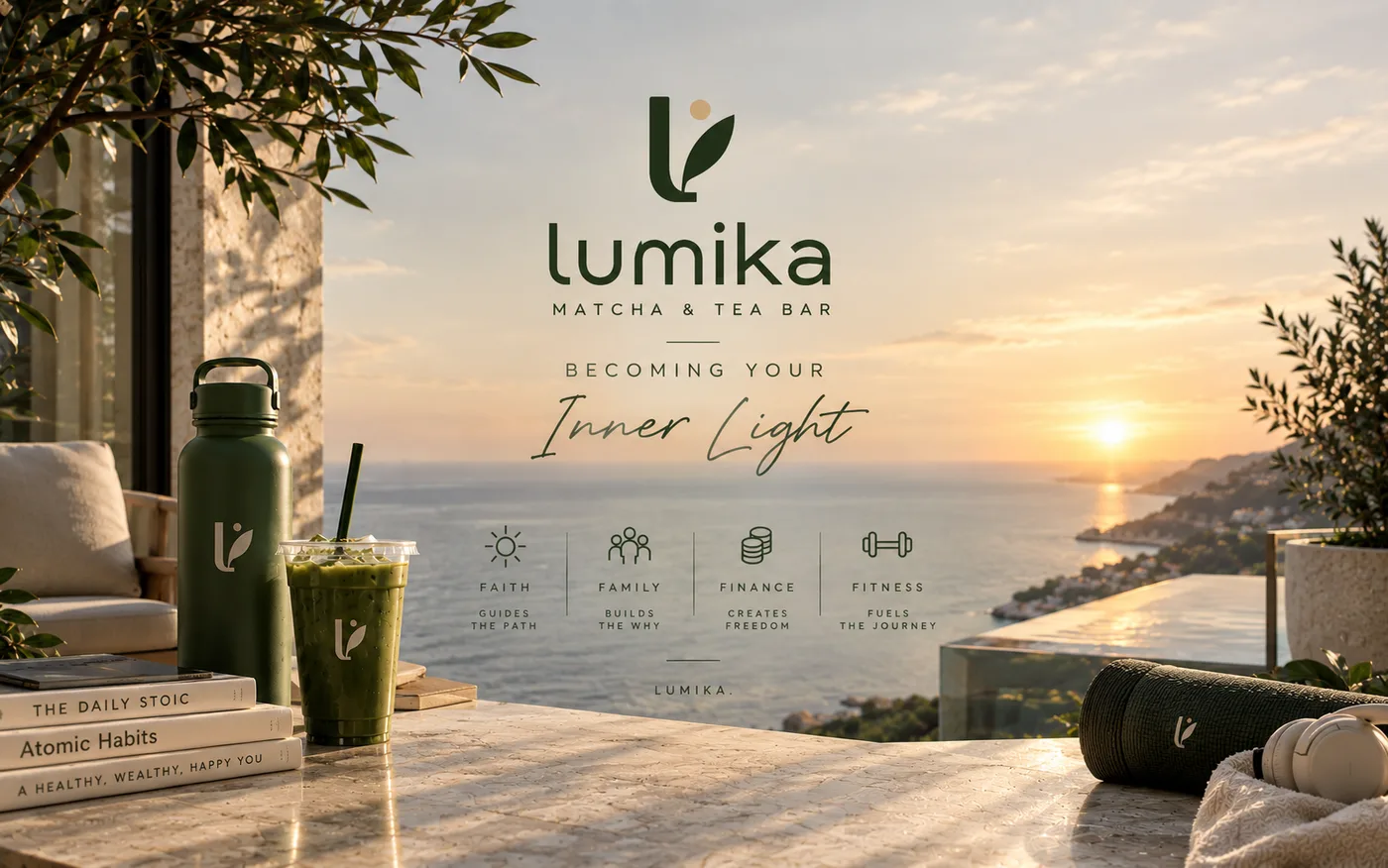 Lumika iced matcha and water bottle on a terrace overlooking the San Diego coast at golden hour